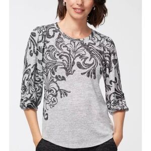 Chicos size 3 XL Gray Black Damask Scroll Print Puff Sleeve Knit Top